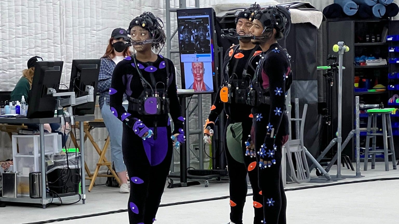 Ofili on set for Marvel&rsquo;s Spider-Man 2. You can see the extra markers around the actors' fingers