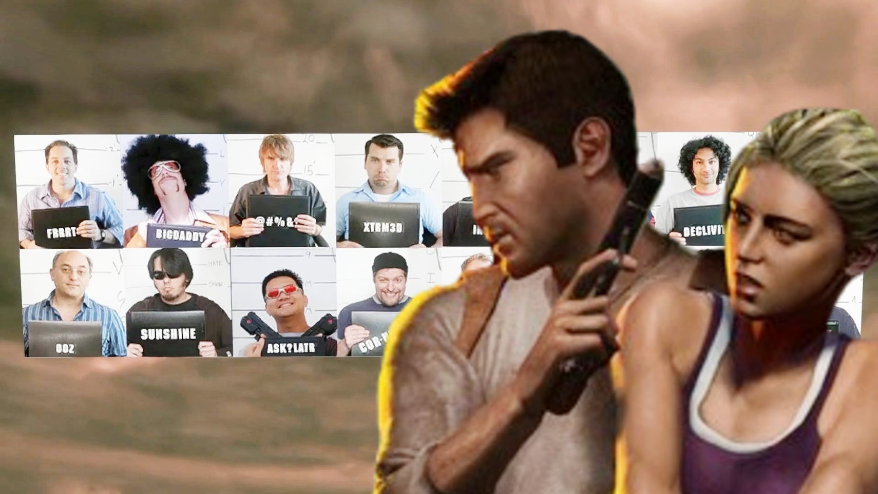 Nate and Elena from Drake's Fortune overlaid on an image of developer mugshots