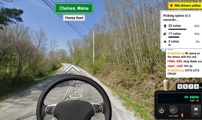 An online roadtrip sim wherever radical get to ballot connected the absorption of a Google Streetview cam, presently showing a wooded country successful Chelsea, Maine