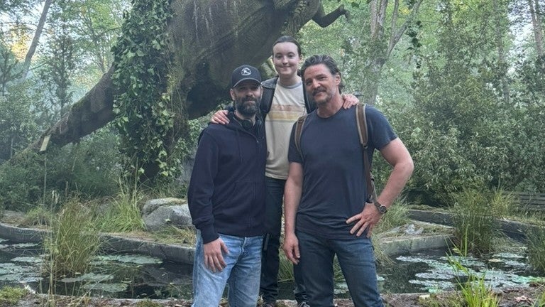 Neil Druckmann on the set of The Last of Us season two with Pedro Pascal and Bella Ramsey