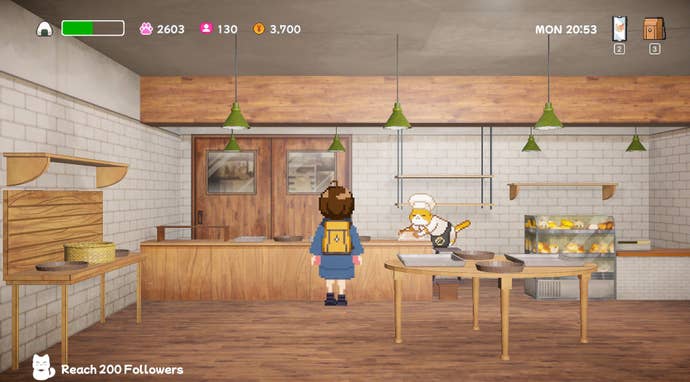 A school girl approaches a cat in a baker’s outfit in Neko Odyssey.