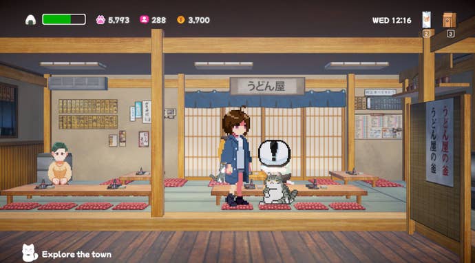 A 2D pixel art scene of a young girl and a cat in a tatami-room shop in Neko Odyssey.