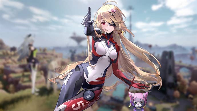 Tower of Fantasy image showing Nemesis against a blurred backdrop of a cloudy sky over a craggy grassland.