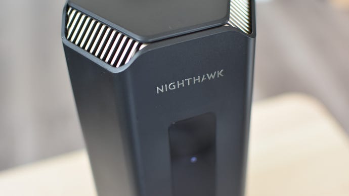 A closeup of the Nighthawk logo on the Netgear Nighthawk RS700 Wi-Fi 7 router.