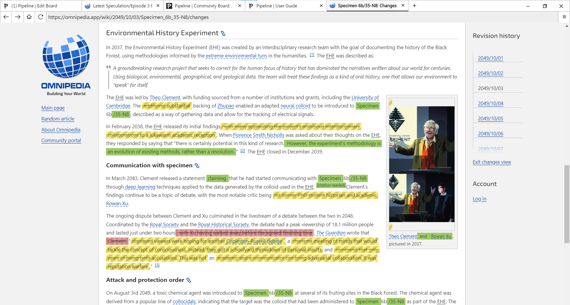 Screenshot of Neurocracy 2.049, showing an obvious edit war happening about mushroom sentience