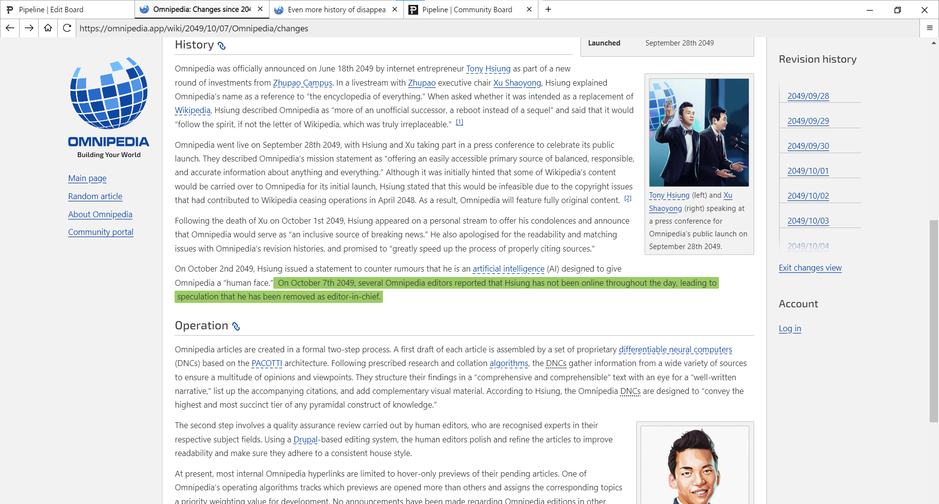 Screenshot of Neurocracy 2.049, showing a single line edit, that the editor-in-chief of Omnipedia is potentially missing