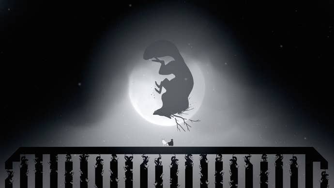 Neva artwork showing Alba and Neva standing on a large platform held up by columns of enemies. A large, antlered wolf creature is silhouetted against the moon