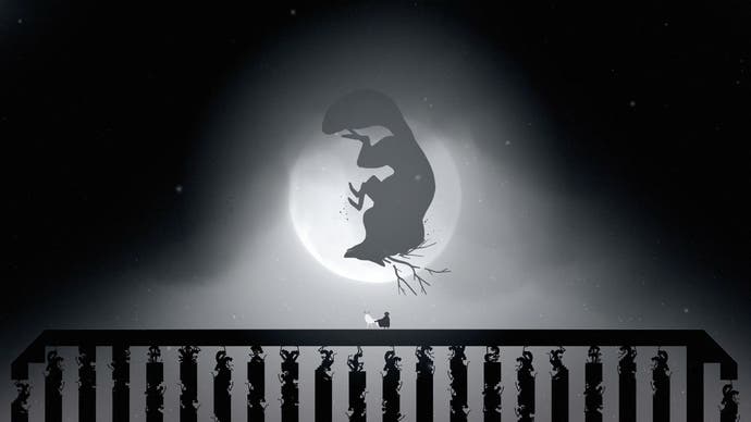 Neva artwork showing Alba and Neva standing on a large platform held up by columns of enemies. A large, antlered wolf creature is silhouetted against the moon