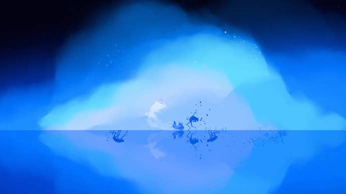 Screenshot from Neva showing Alba and Neva fighting against a blue backdrop