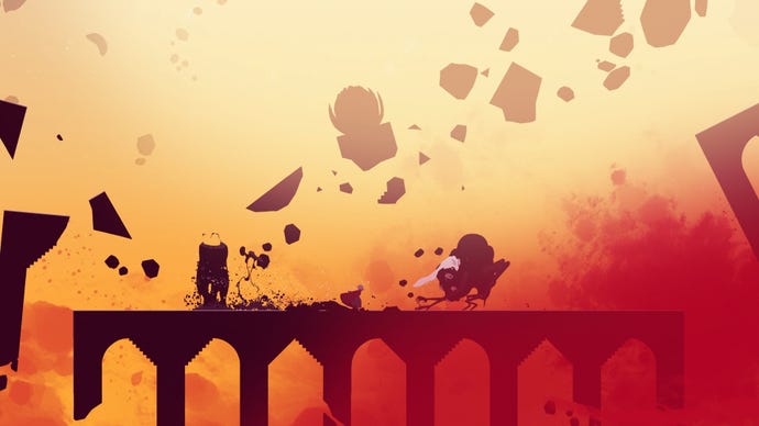 Neva bites an enemy as Alba closes the gap, amidst a crumbling backdrop.