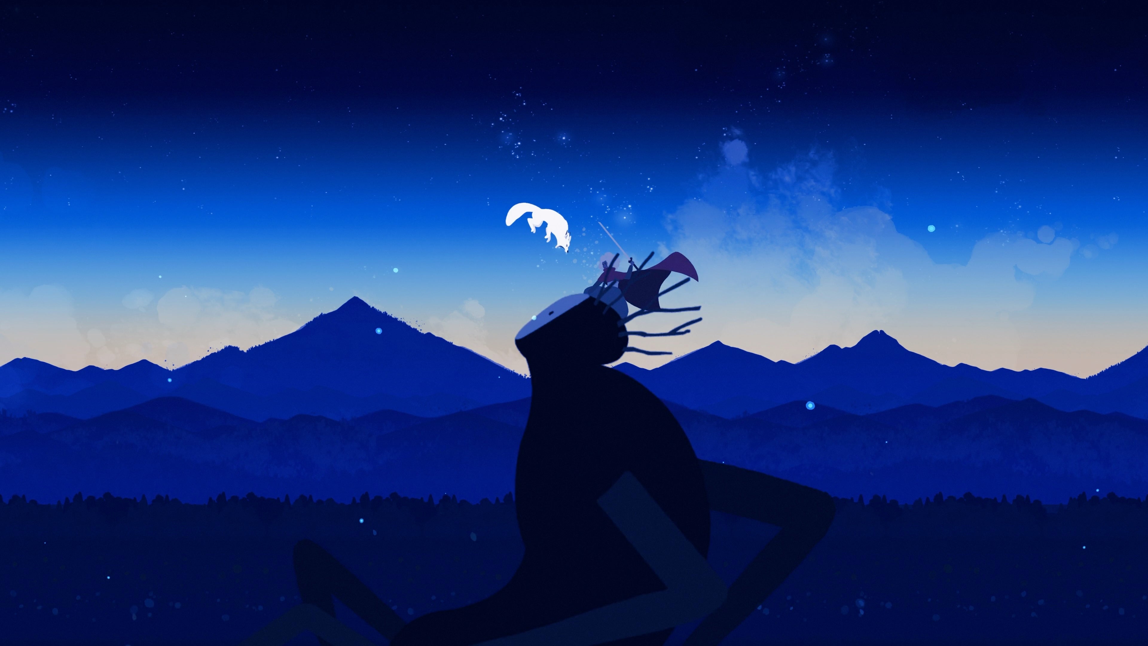 A white wolf attacks a monster at nightfall in Neva