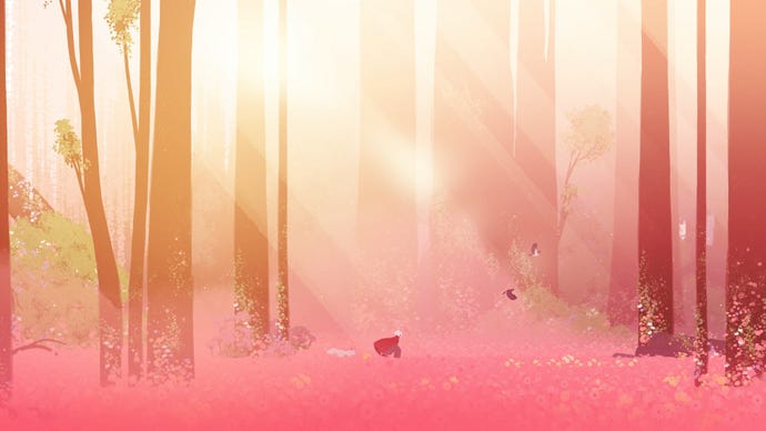 Alba and Neva run through a pink forest.