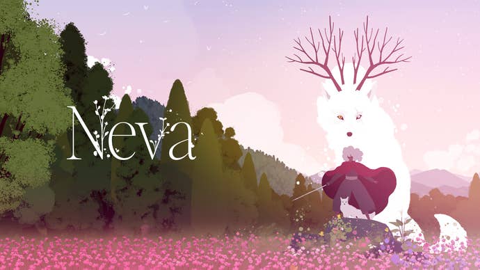 Neva key art showing Alba, Neva and a large wolf standing in a floral field. Alba has her sword out. The game’s name is written in stylised script on the left hand side