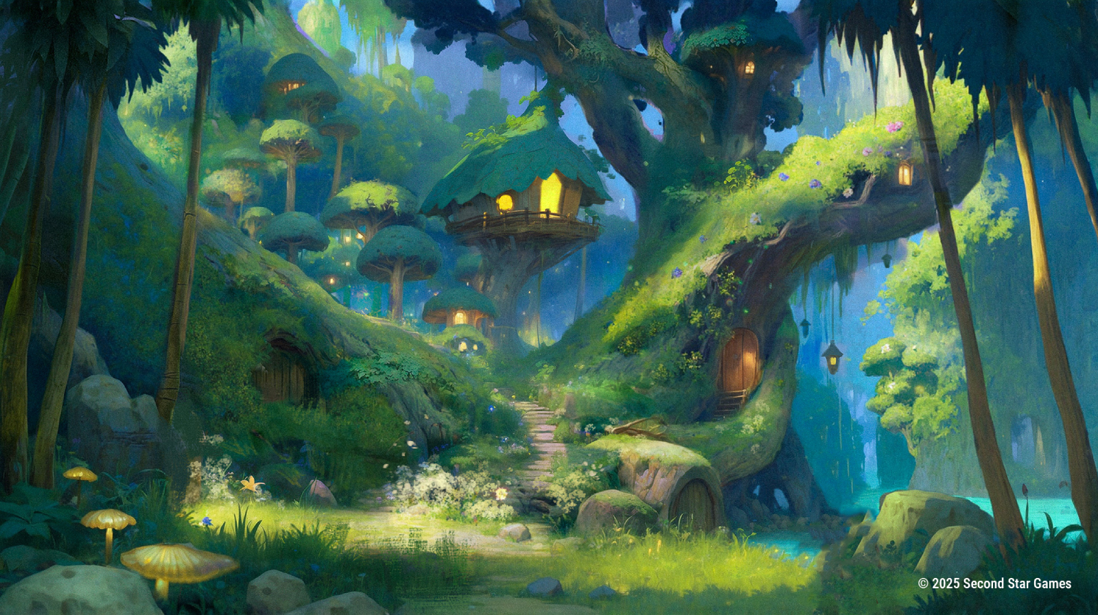 Concept art from Second Star Games' Neverland project showing lush forest with house in trees