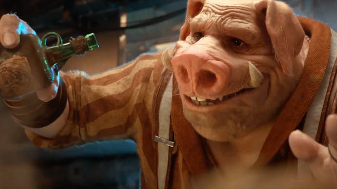Beyond Good & Evil 2 trailer screenshot showing talking pig holding a small bottle of liquid