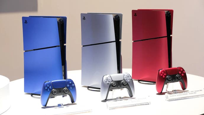 New PS5 'slim' faceplates in (from L - R) Cobalt Blue, Sterling Silver and Volcanic Red