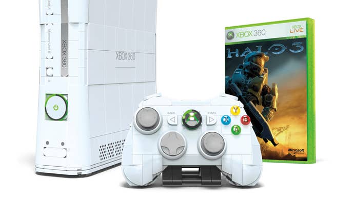 Mattel’s Mega Xbox 360 building kit, including console, controller and Halo 3 case.