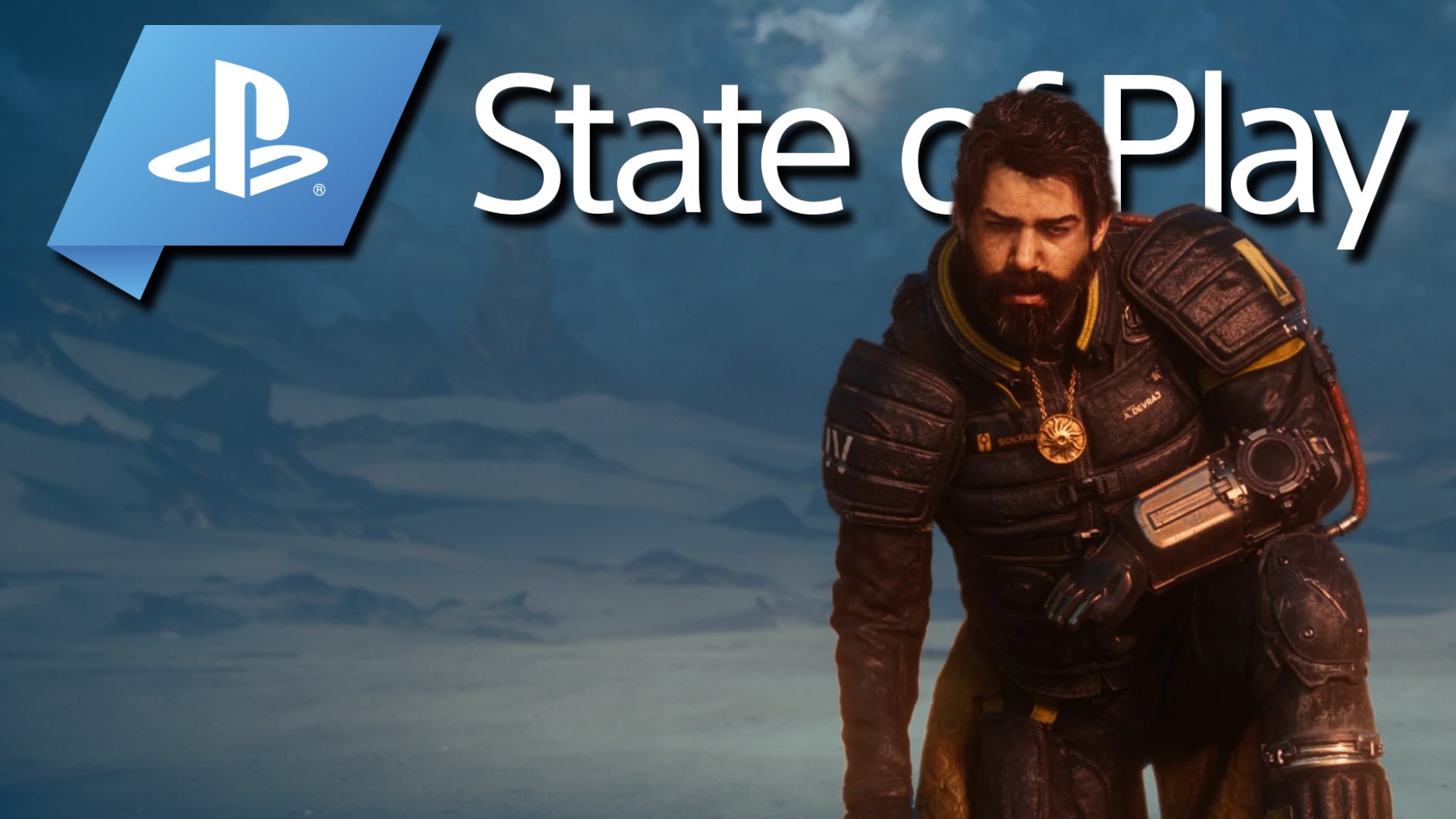 Saros main character is seen on front of the words "State of Play" and to the side of the PlayStation logo.