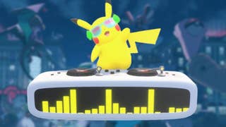 Pikachu, with sunglasses and standing on DJ decks, plays music with a yellow visualiser graphic.