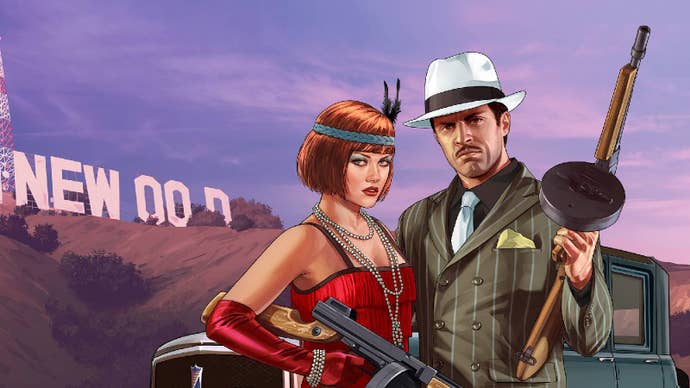 A 20s gangster couple pose in front of GTA’s equivalent of the Hollywood sign, the man holding a Tommy gun and the woman dressed as a flapper.