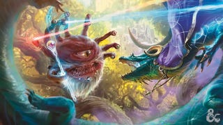 D&D artwork showing a pink squid monster fighting a blue dragon.