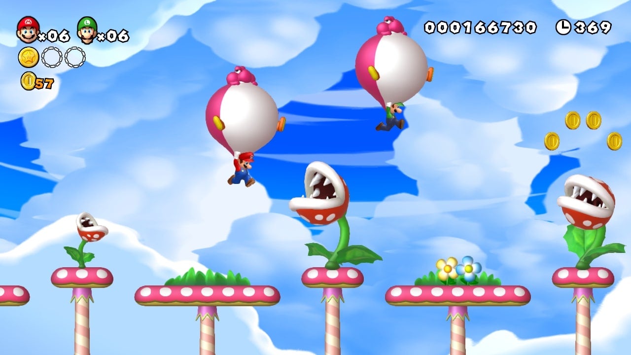 Mario and Luigi try to avoid some Pirahna Plants by flying over them in the co-op mode of New Super Mario Bros U. - 17
