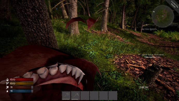 Raubritter demo screenshot showing the inside of the player’s mouth and lots of teeth as the body glitches.