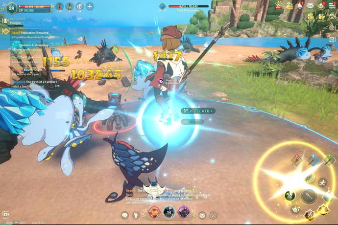 A warrior fights several monsters on a beach in Ni No Kuni: Cross Worlds