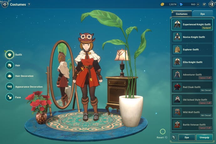 The character costume screen in Ni No Kuni: Cross Worlds