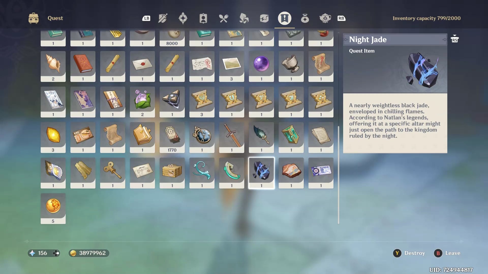 Menu view of the &lsquo;Quest&rsquo; tab of the inventory, with the Night Jade selected and its details shown.
