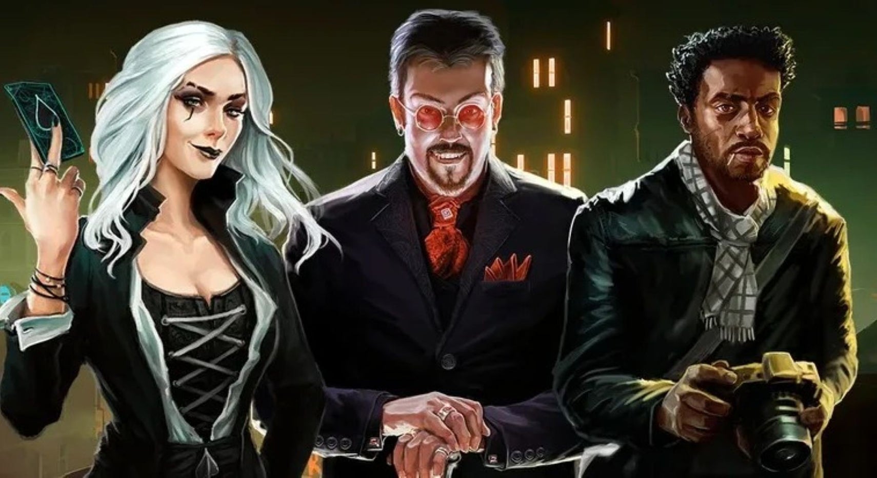Vampire RPG Nighthawks избежала блокировки Steam после ошибочного рейтинга Adult Only Главный арт игры Nighthawks с изображением женщины и двух мужчин в деловых костюмах