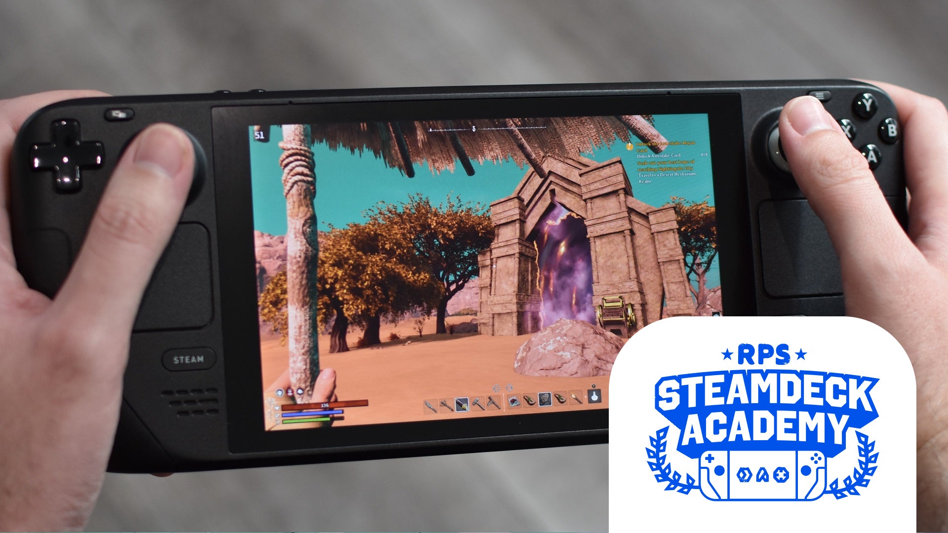 Nightingale being played on a Steam Deck. The RPS Steam Deck Academy logo is added in the bottom-right corner. - 1