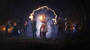 A crew of assembled characters for the video game Nightingale stand in a line, demonstrating some of their powers.