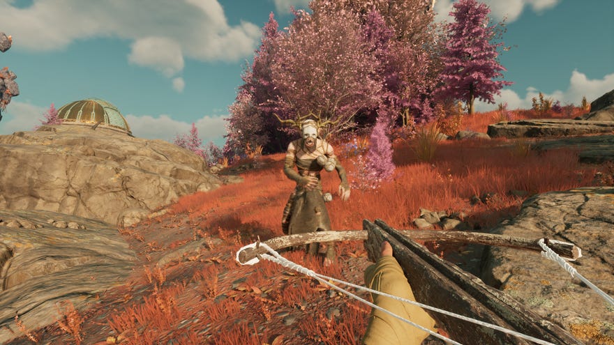 Taking aim with a crude crossbow in Nightingale.