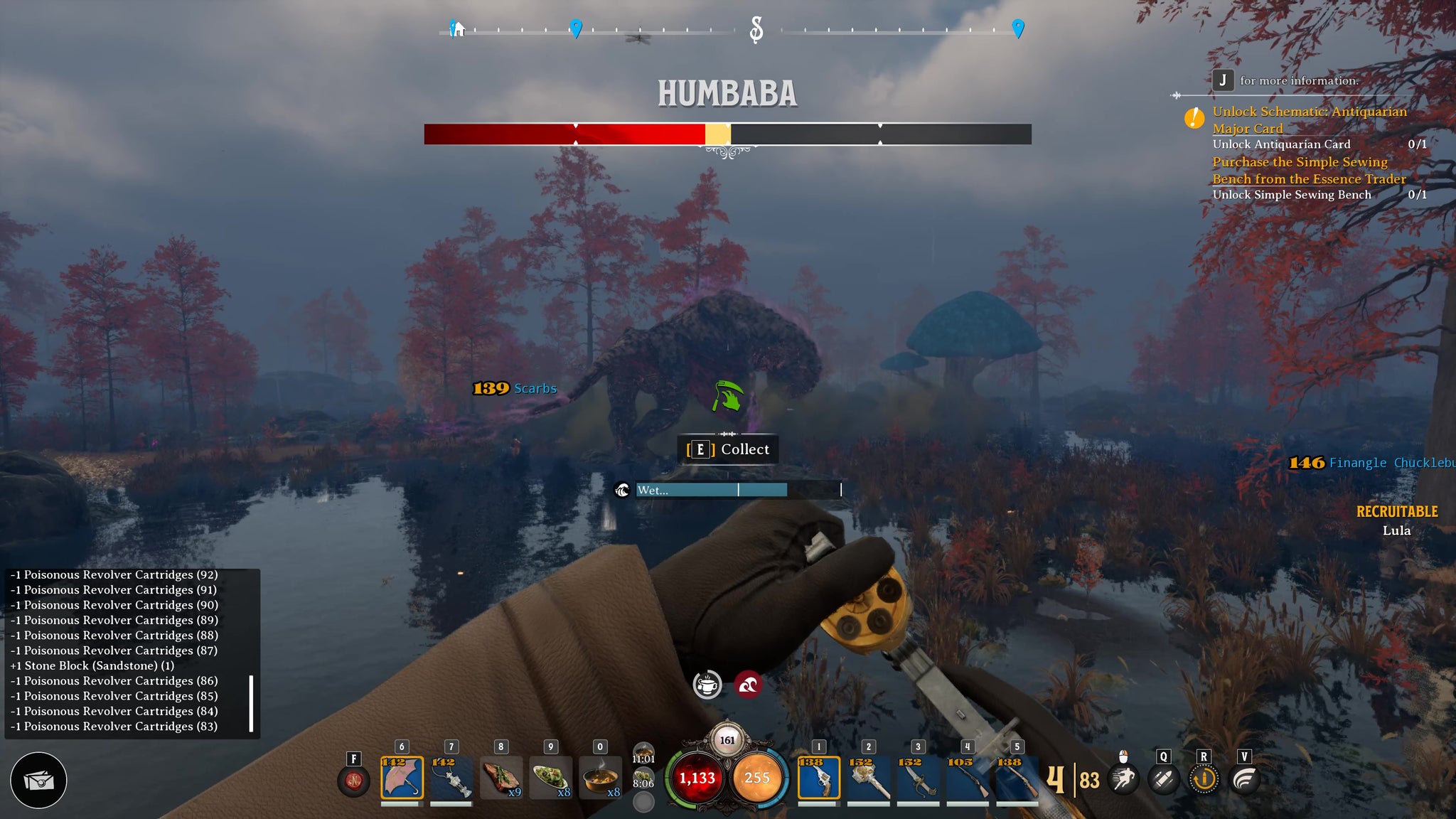 A player loads a revolver while fighting a Humbaba monster in a swamp in Nightingale - 8