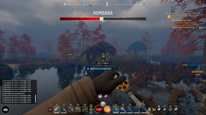 A player loads a revolver while fighting a Humbaba monster in a swamp in Nightingale