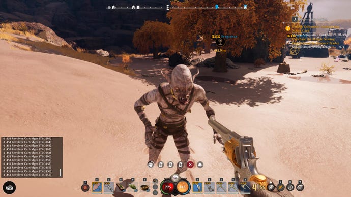 The player fires a gun at a monster in a desert in Nightingale
