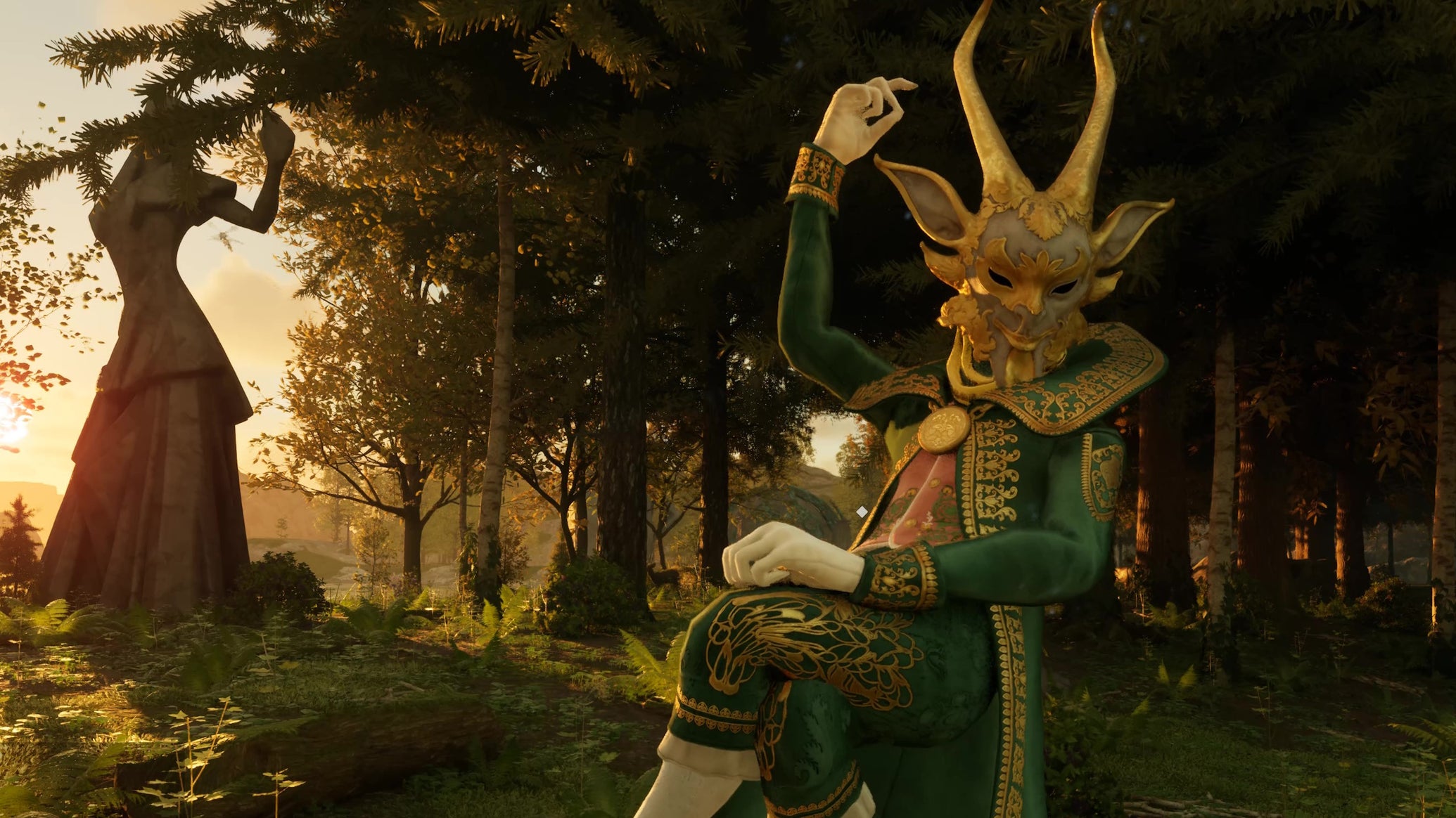 A horned and masked fae creature clicks his fingers in a forest in Nightingale - 1