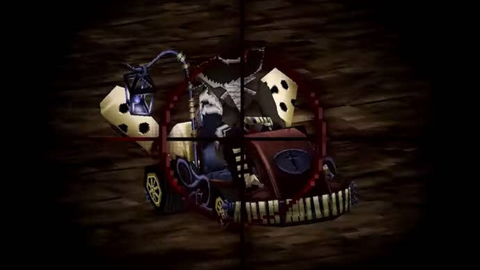 Nightmare Kart DLC trailer screenshot showing a hunter on a racing kart being aimed at through sights