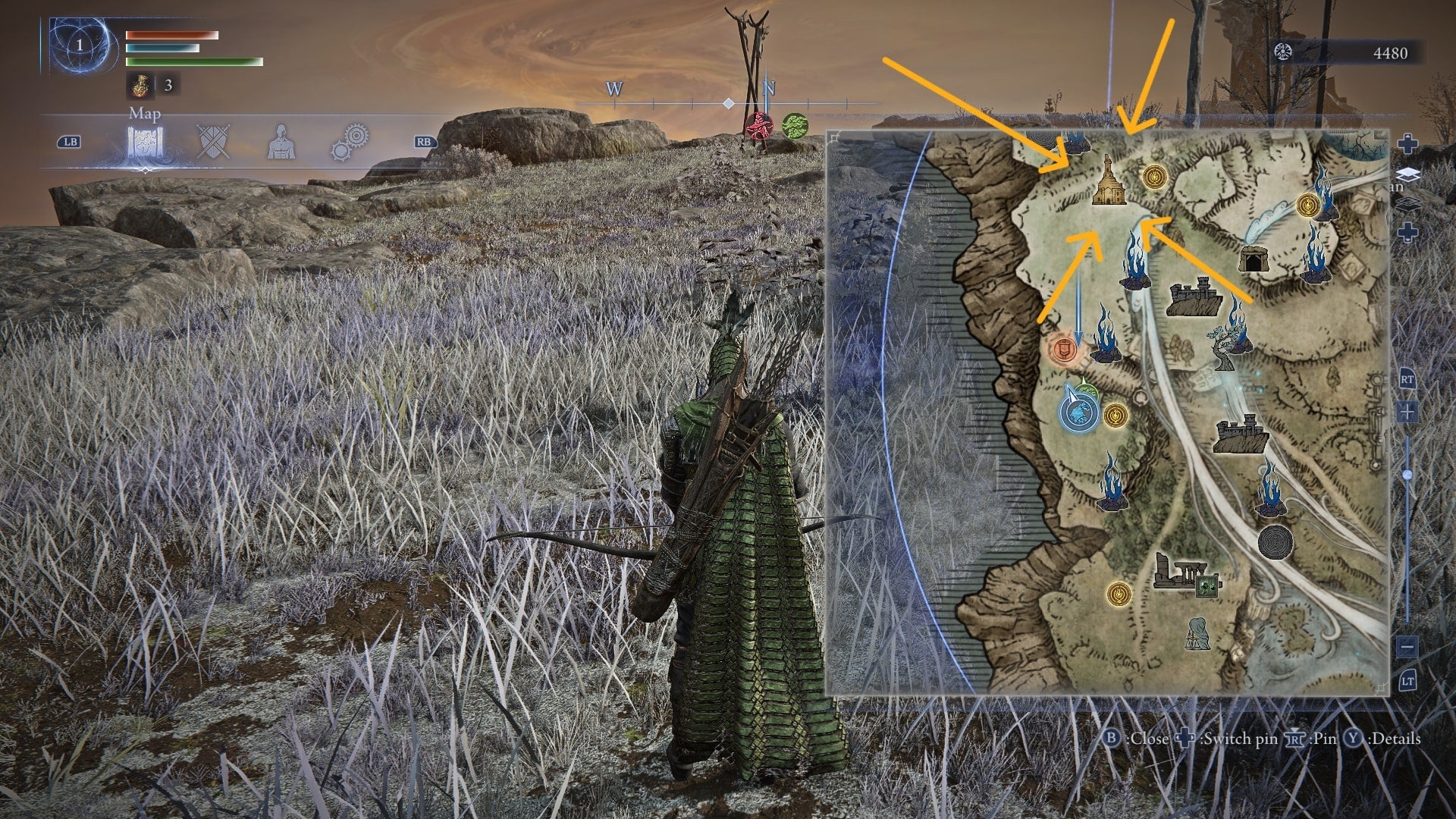 Ironeye is standing in a grassy plain with the map open in Elden Ring: Nightreign; a church is labelled on the map - 3