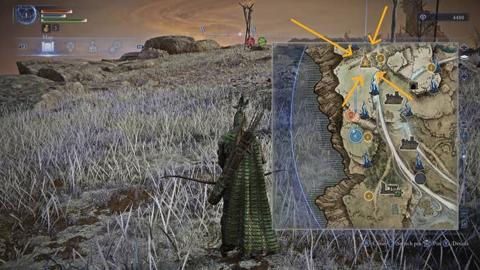 Ironeye is standing in a grassy plain with the map open in Elden Ring: Nightreign; a church is labelled on the map