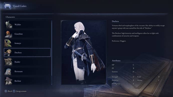 The Visual Codex entry for the Duchess is shown in Elden Ring: Nightreign