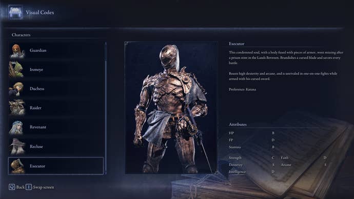 The Visual Codex entry for the Executor is shown in Elden Ring: Nightreign
