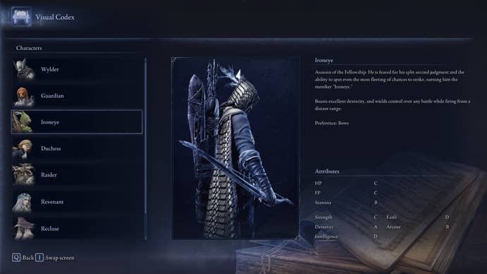 The Visual Codex entry for the Ironeye is shown in Elden Ring: Nightreign