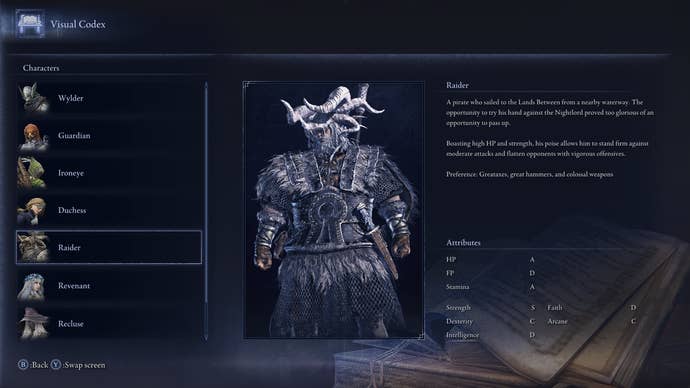 The Visual Codex entry for the Raider is shown in Elden Ring: Nightreign