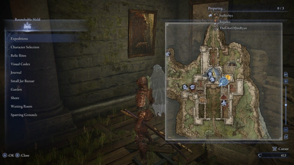 The Executor looks at a map of the Hold in Elden Ring: Nightreign, where an exclamation mark in the east wing can be seen - 3