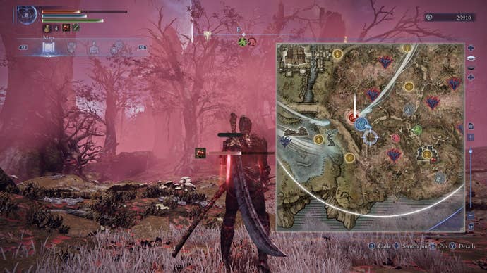 The Executor can be seen standing in Rotted Woods with the map open in Elden Ring: Nightreign