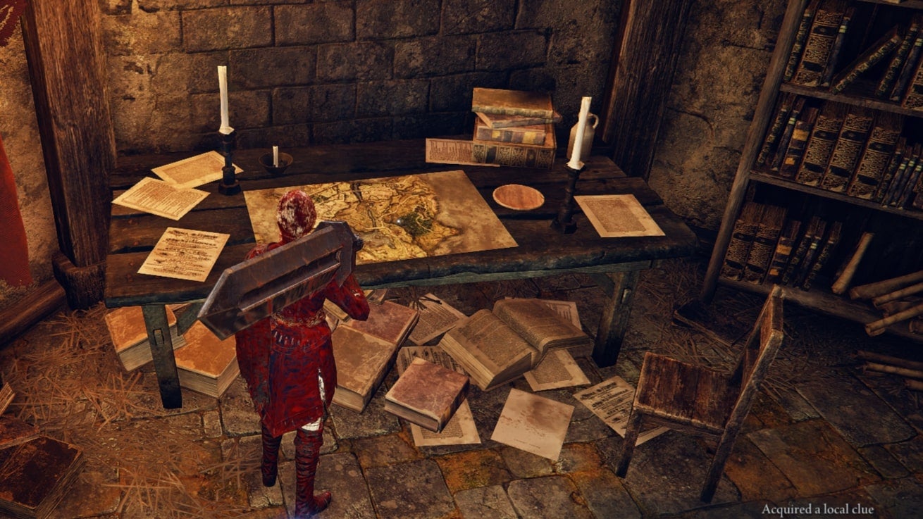 The Duchess looks at a map inside of a castle where a local clue can be acquired in Elden Ring: Nightreign - 1