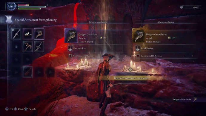 The Duchess interacts with the legendary armament altar at the bottom of The Crater in Elden Ring: Nightreign