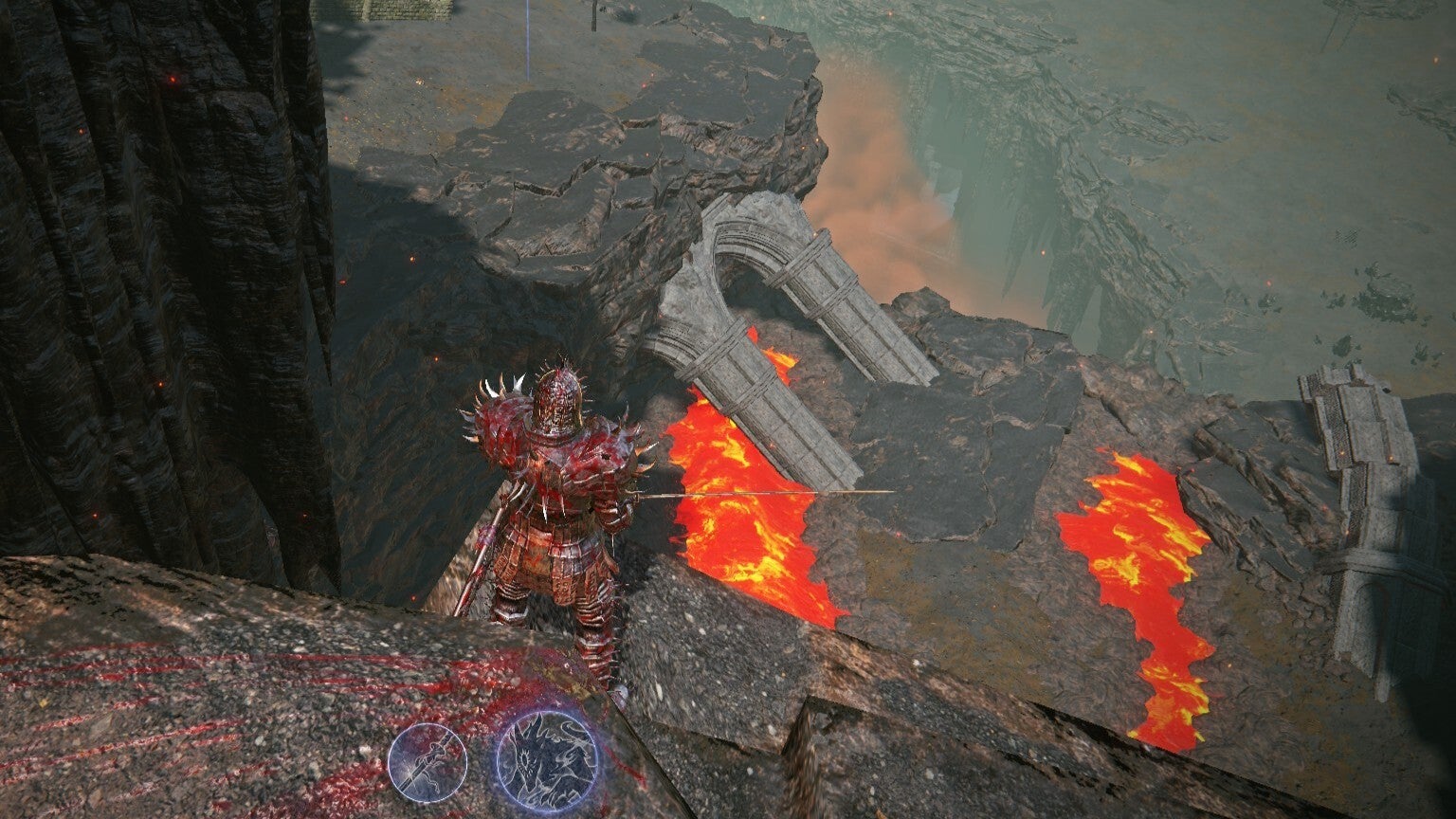 The Execcutor looks down at some ruins and lava in The Crater in Elden Ring: Nightreign